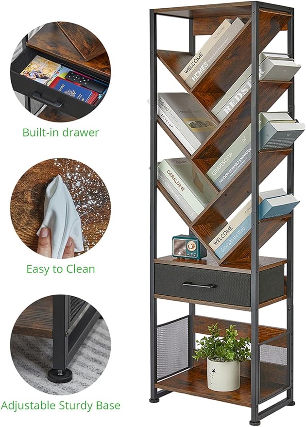 Bookshelf with Drawer, 10 Tier Tree Bookcase Retro Floor Standing Bookshelves - Image 3