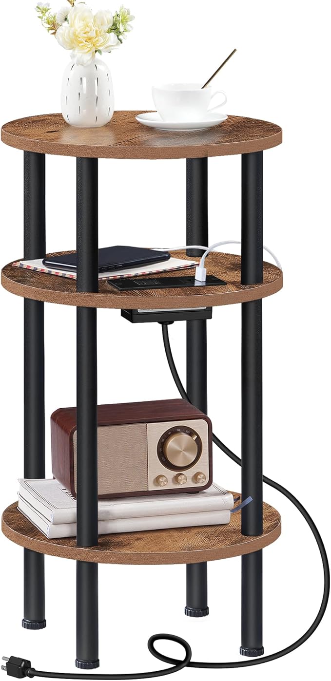 Round Side Table with Charging Station, Small Round End Table, 3-Tier Sofa Side - Image 9