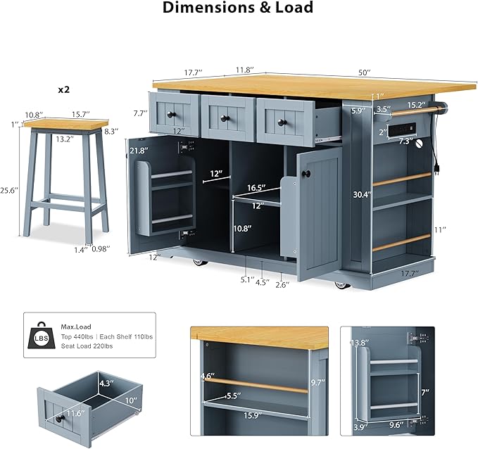 53" Large Kitchen Island Set - Image 2