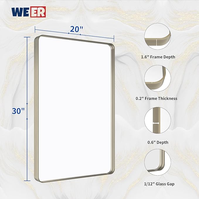 WEER 20X30 Inch Brushed Nickel Bathroom Mirror, Brushed Silver Metal Frame - Image 6
