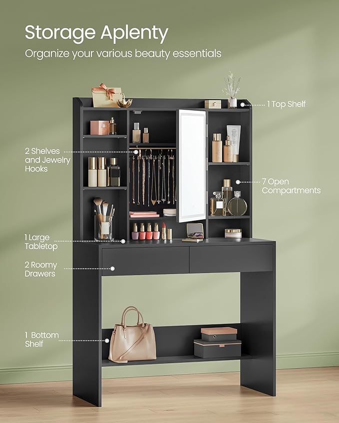 VASAGLE Vanity Desk with Mirror and Lights, Makeup Vanity with Upholstered - Image 4