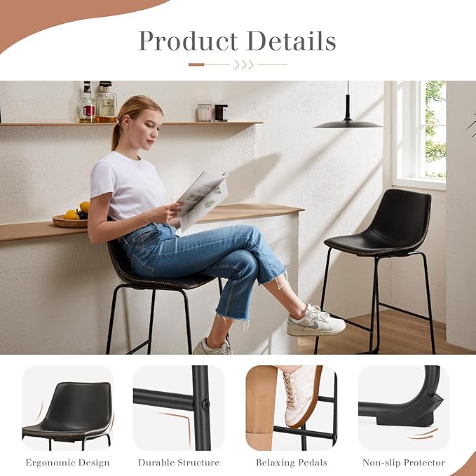 DUMOS 30 Inch Counter Height Bar Stools Set of 2, Modern Faux Leather High - Image 5