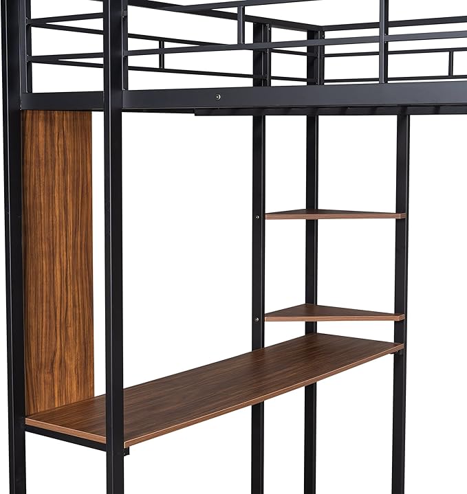 Full Size Metal Loft Bed with 2 Storage Shelves and 1 Desk, Steel Structure Bed - Image 4
