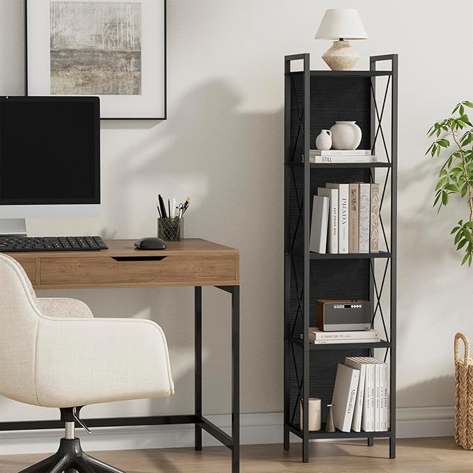 Homhedy 5 Tier Bookshelf Bookcase, Tall Narrow Bookshelf - Image 2
