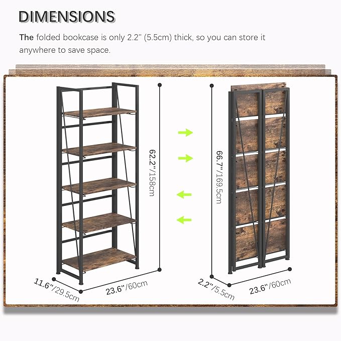 4NM No Assembly Folding Bookshelf, 5-Shelf 62.2" H Collapsible Foldable - Image 2