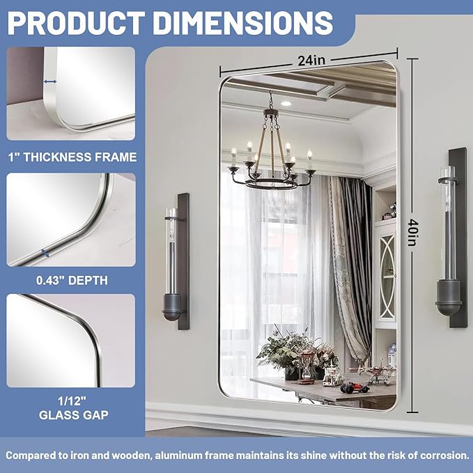 Brushed Nickel Bathroom Mirror, 24x40 Rounded Rectangle Mirror Modern Bathroom - Image 7