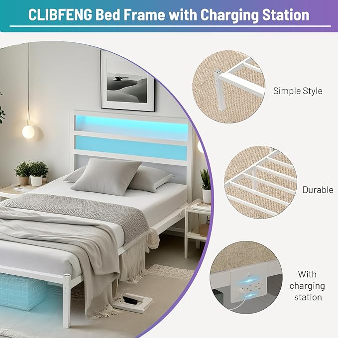 Twin Bed Frame with Headboard, Heavy Duty Steel Slats Support-LED Bed Frame - Image 4