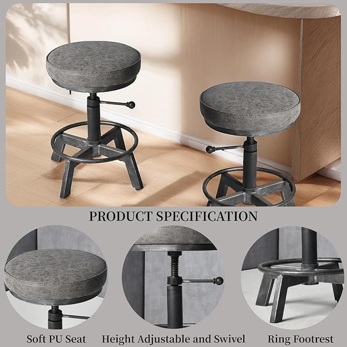 Vintage Short Bar Stools Swivel PU Seat 15-21inch Height Adjustable Extra Guest - Image 3