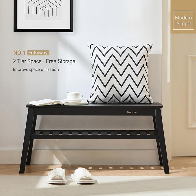 Nnewvante Bamboo Entryway Bench, 33.46" End of Bed Bench, 2 Tier Black Bench - Image 3