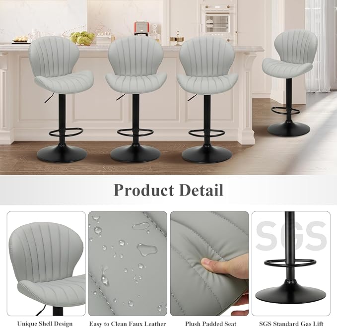 COLAMY Bar Stools Set of 2, Modern Swivel Bar Chairs, Adjustable Faux Leather - Image 5