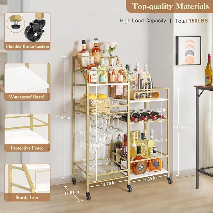 VINAEMO Gold Bar Cart With Wine Glass Holder, Stand - Image 6