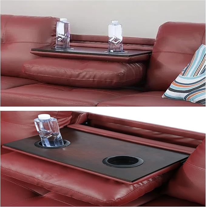L-Shaped Sectional Sofa with Ottoman, Leather Modern Nail-Head Design with Cup - Image 4