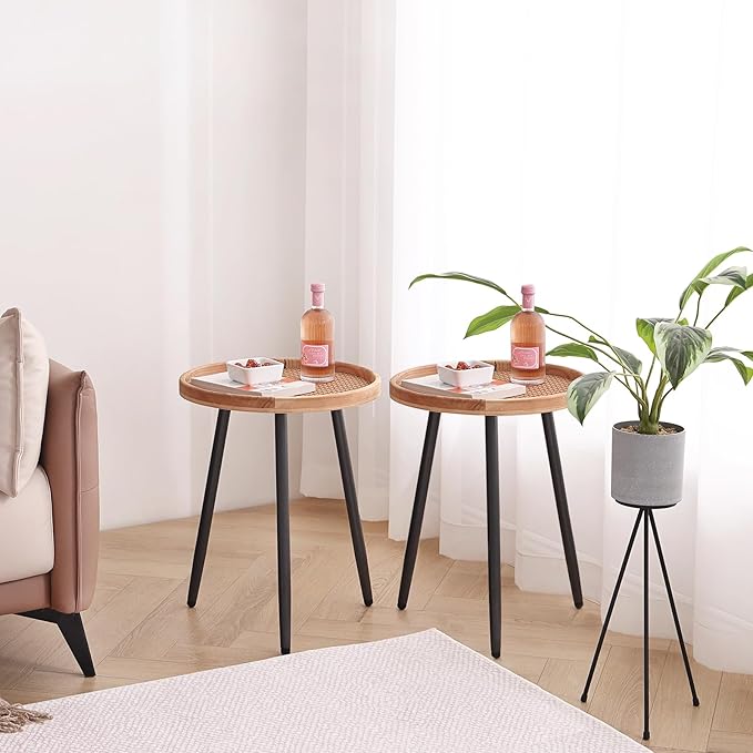 Tiita 2 Pack Rattan Round End Table Mental Side Table Nightstand/Small Wood - Image 6