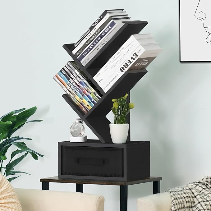 Small Book Shelf with Drawer, 4 Tier Black Tree Bookshelf, Wooden Desktop - Image 2