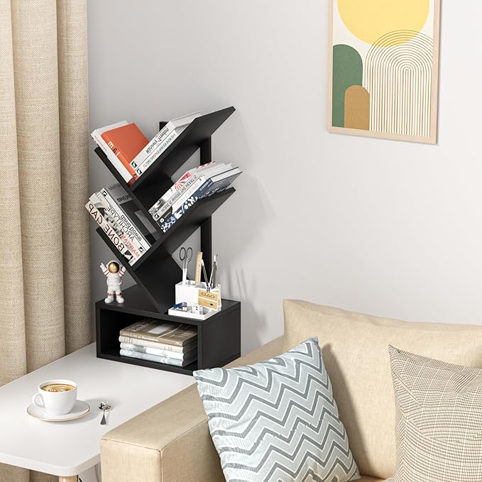 Small Tree Book Shelf, 5 Tier Black Tree Bookshelf, Modern Desk Display Storage - Image 5