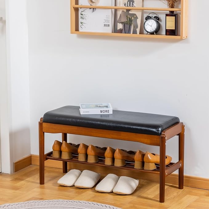 Shoe Bench, Entryway Bench, Wood 2-Tier Shoe Rack by SOBIBO