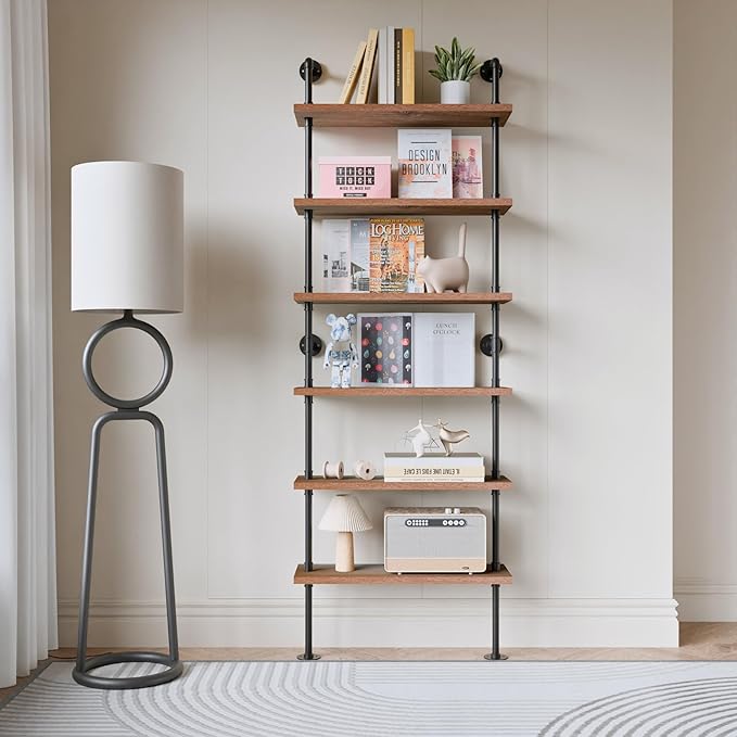 Pipe Industrial Shelves, Wall Mounted Wood Metal Ladder Rustic Bookshelf by ANYNICE