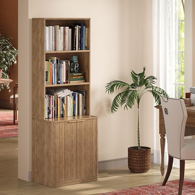 71" Oak Bookcase with Doors, 5-Tier Fluted Tall Bookshelf with Storage - Image 7
