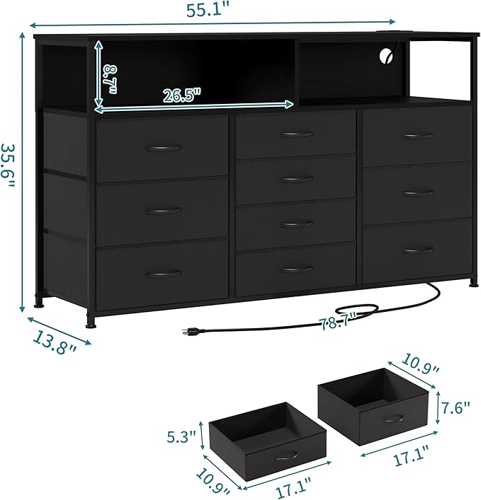 55W 10-Drawers Dresser with 2 Open Storage Shelves, TV Stand Dresser - Image 2