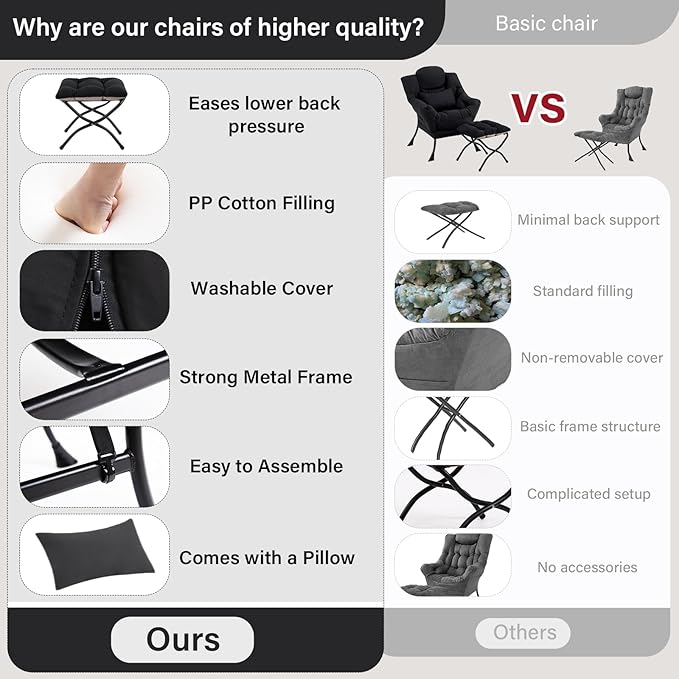 Lazy Chair with Ottoman, Comfy Fabric Accent Lounge Arm Chair with Lumbar - Image 9