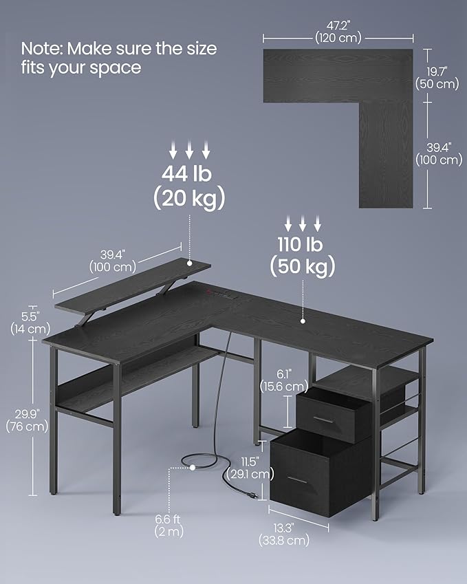 VASAGLE L-Shaped Desk with Power Outlets, Computer Desk with Monitor Stand - Image 2