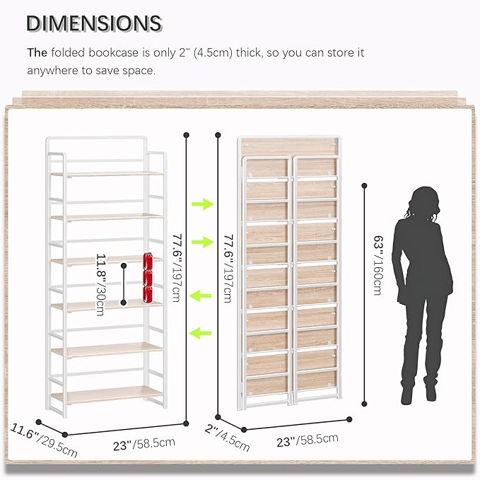 4NM No-Assembly 6 Tiers Folding Bookshelf Storage Shelves Vintage Bookcase - Image 3