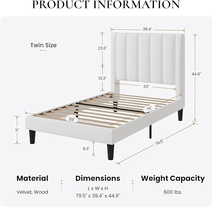 SHA CERLIN Twin Bed Frame/Velvet Upholstered Platform Bed Frame - Image 2