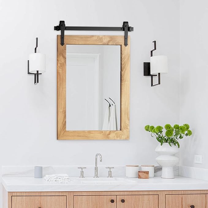 Farmhouse Bathroom Mirror 18" x 24" Rustic Wood Framed Wall Barn Door Mirror by Menscha
