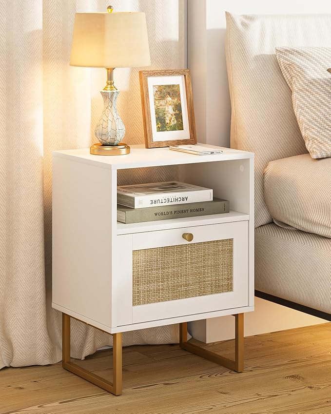 Rattan Nightstand, Boho Night Stand Farmhouse Wood Bedside Table by Unknown