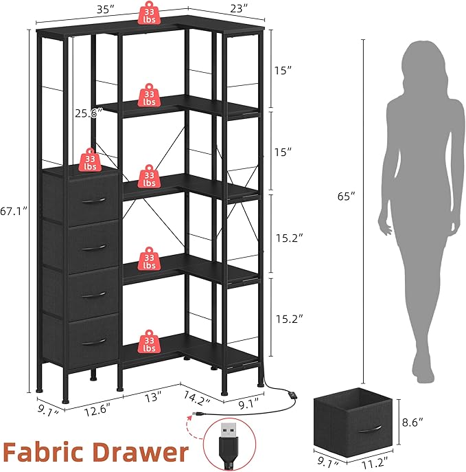 Corner Bookshelf with LED Light Strips & 4 Fabric Drawers, 5-Tier Convertible - Image 2