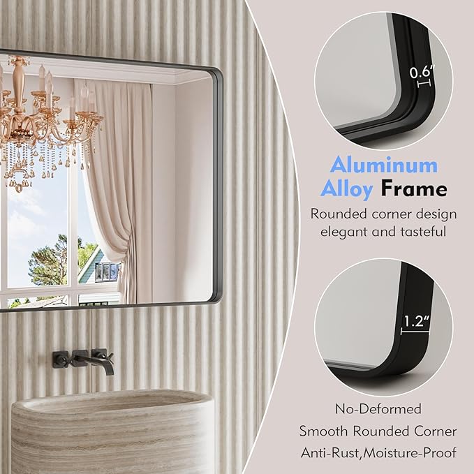 Black Bathroom Mirror 22X30 Inch, Rounded Rectangle Matte Bathroom Vanity Mirror - Image 5