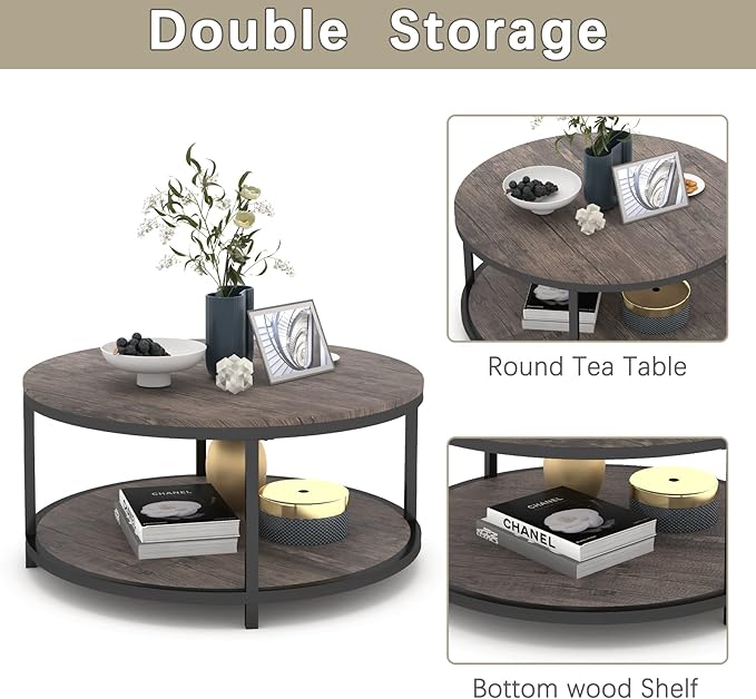 NSdirect Round Coffee Table, 2-Tier Rustic Wood Desktop - Image 7