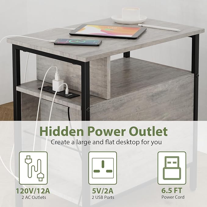 End Table with Charging Station, Narrow Side Table with 2 Fabric Drawer & - Image 6