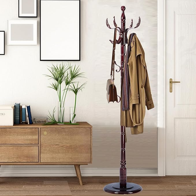 Coat Racks Free Standing with 14 Hooks, Natural Wood Coat Stands by Sauqzoh