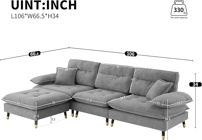 106" L Shaped Convertible Sectional Sofa, 4 Seat Tufted Cloud Couch Set - Image 2