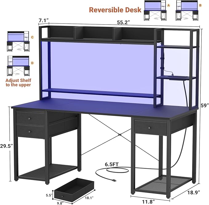 Aheaplus Desk with LED and Outlets, Gaming Desk with Hutch, 55.2'' Computer - Image 2
