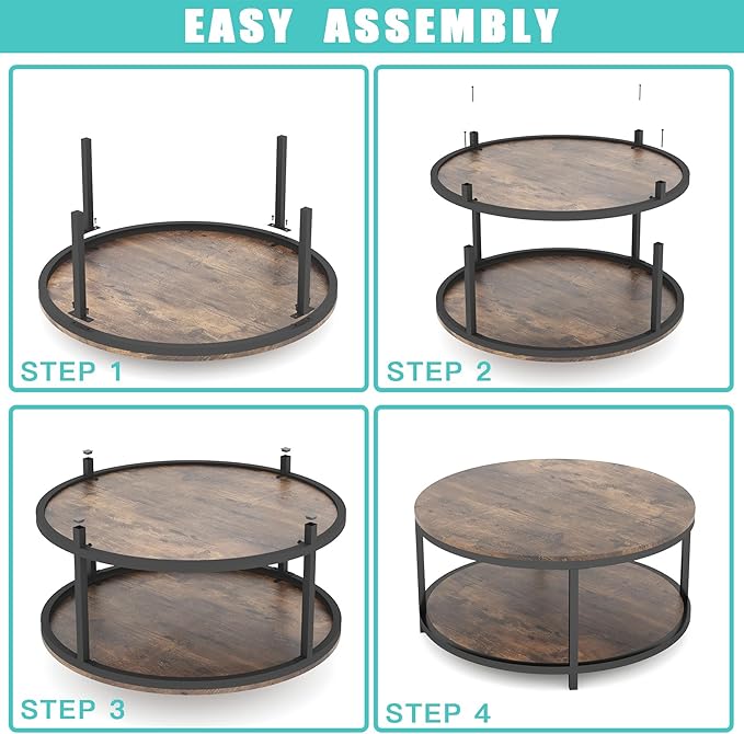NSdirect 36 inches Round Coffee Table, Rustic Wooden Surface Top & Sturdy Metal - Image 7