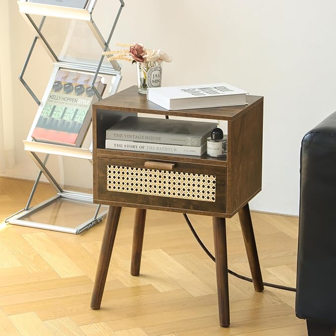 MaxSmeo Small Nightstand with Charging Station, Rattan Side Table Mid Century - Image 2