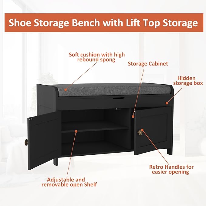 HOMEFORT 30" Shoe Bench with Lift Top Storage, Entryway Bench with Cushioned - Image 8