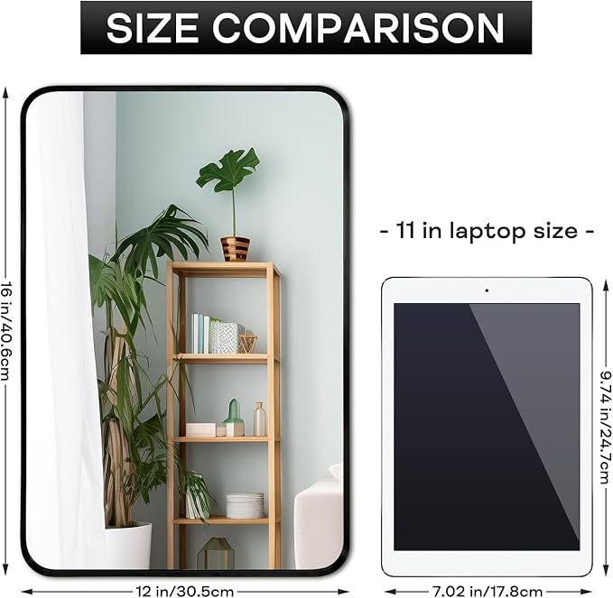 Wall Mount Small Mirror, Brushed Black Metal Framed Rounded Corner Rectangular - Image 2