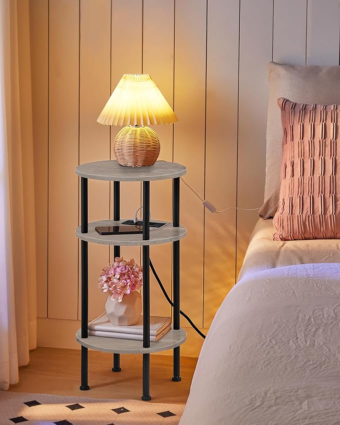 Small Round Side Table with Charging Station, Round End Accent Table, 3-Tier - Image 2