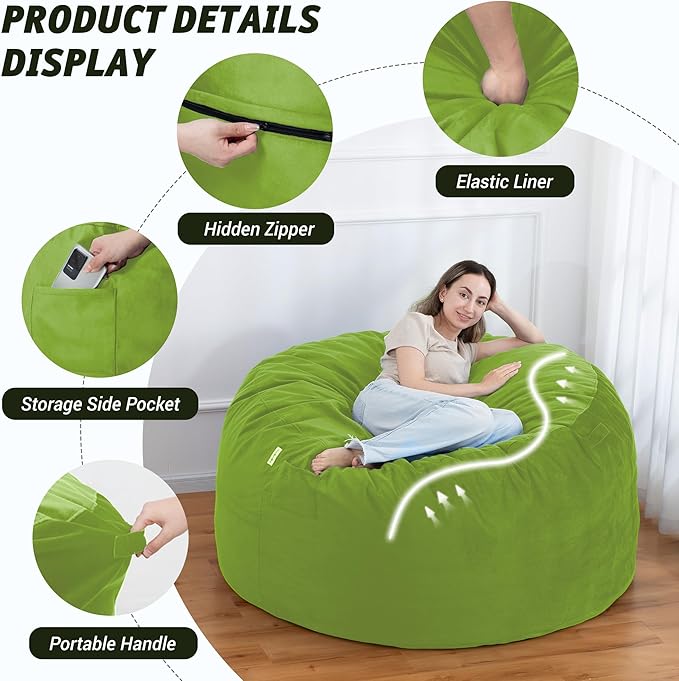 5FT Bean Bag Chair with Ultra Soft Velvet Cover Bean Bag Sofa with Memory Foam - Image 4