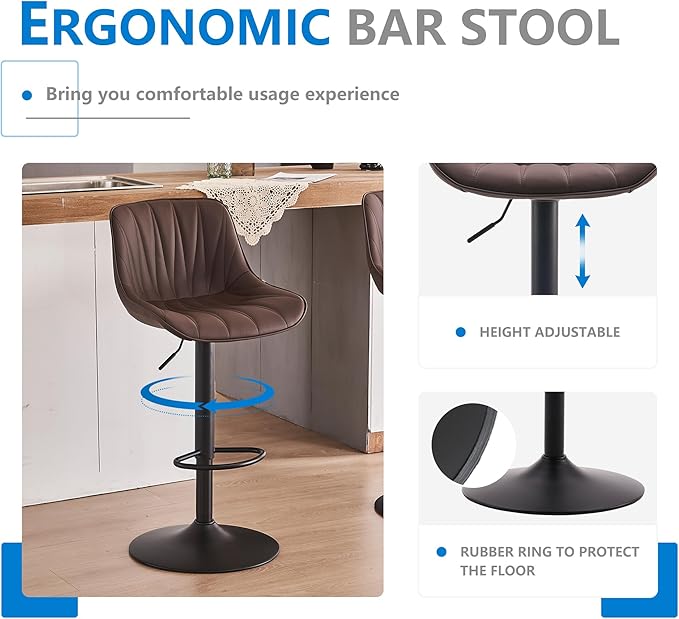 YOUNIKE Bar Stools Set of 2, Faux Leather Padded Bar Stool Counter Height - Image 6