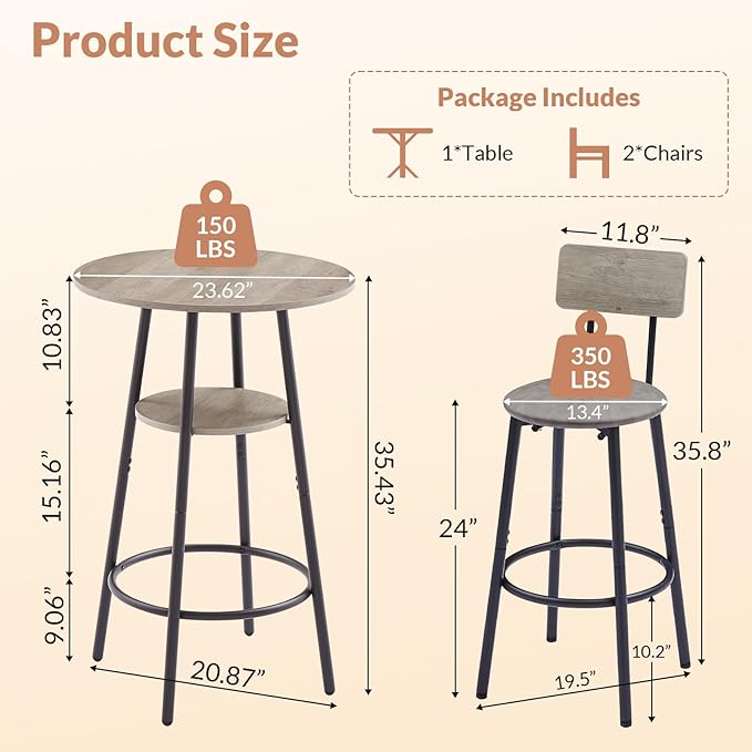 3 Pieces Round Bar Table Set, Small Dining Table - Image 2