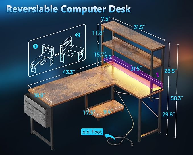 Casaottima Gaming Desk with Power Outlets & LED Lights, 43 Inch Reversible L - Image 3
