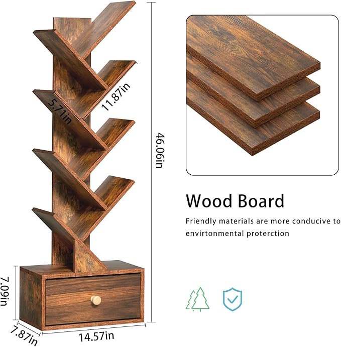 8 Tier Tree Bookshelf with Drawer, Free Standing Wood Bookcase - Image 3
