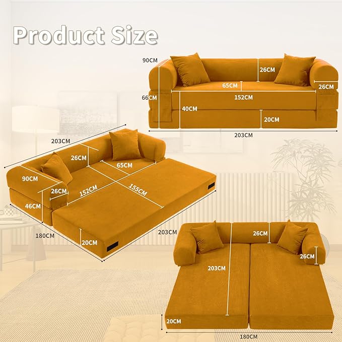 80" Convertible Sofa Bed, Corduroy Deep Seat Folding Pull Out Couch - Image 3