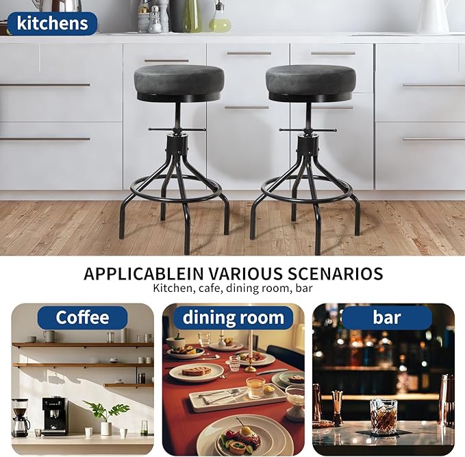 Grey Swivel Bar Stools Set of 2 Adjustable Swivel Round Barstools Modern PU - Image 4