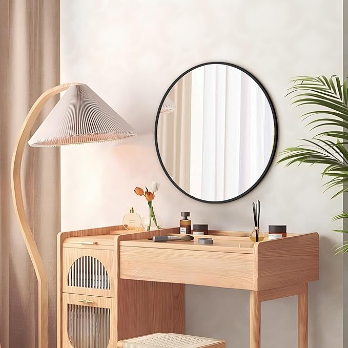Round Mirror Black Frame 28 Inch Mirror Living Room Round Bathroom Mirrors - Image 7