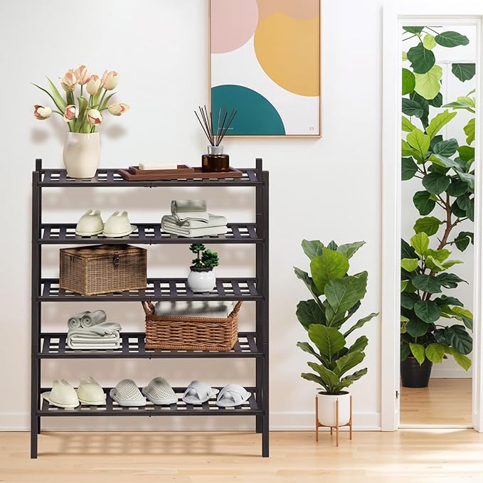 Haddockway 5 Tier Bamboo Shoe Rack Storage Organizer, Small Space 27"x11"x32" - Image 2